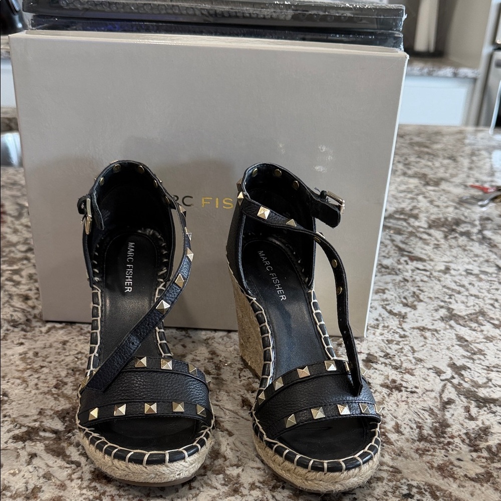 Marc Fisher Black and Gold Studded Wedges